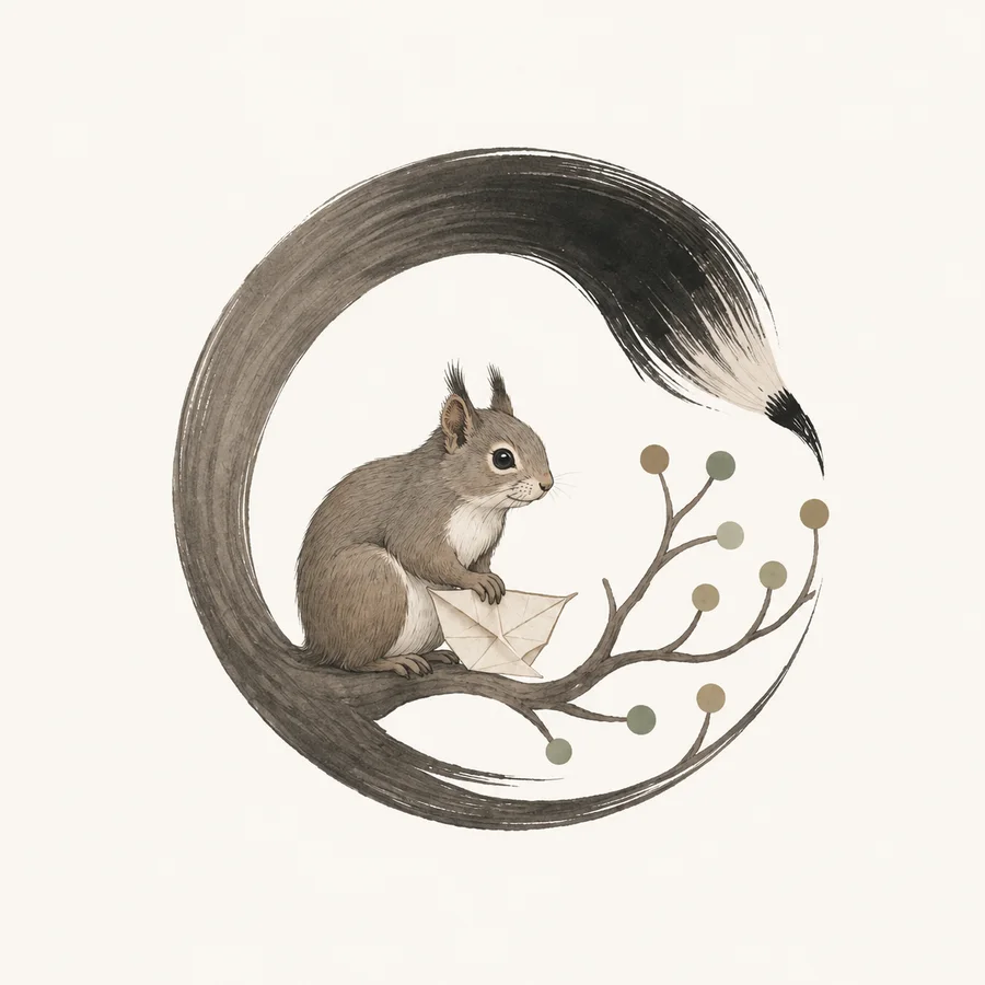 A squirrel holding a folded paper sits on a berry branch inside a brush circle.